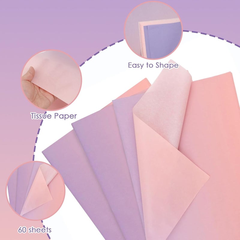 Ethanberg 60 Sheets Gift Wrapping Tissue Paper Bulk, Pink Purple Gradient Tissue Paper for Gift Bags, Decorative Art Papers for DIY Crafts Wedding Birthday Baby Showers Holiday Party Decor, 20x14 Inches - Image 3